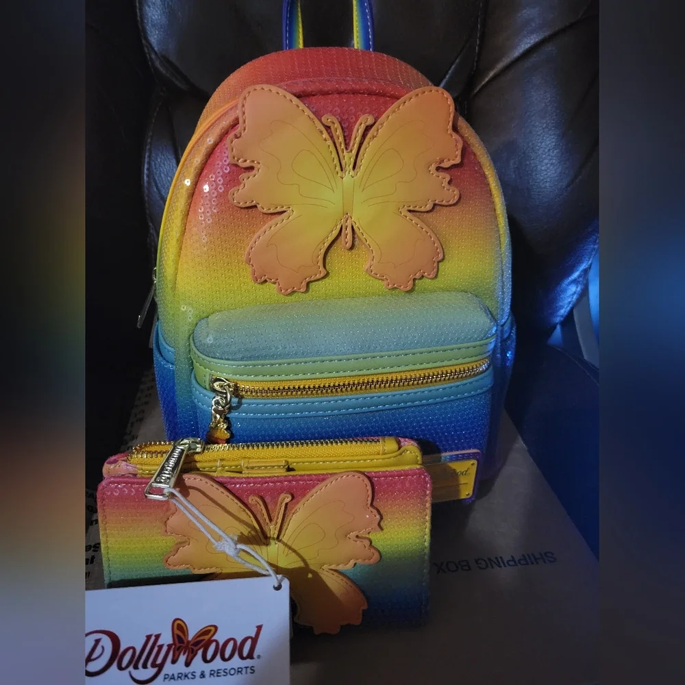 Loungefly Dollywood Rainbow Sequin Butterfly Matching Set. Nwt. Price Is Firm